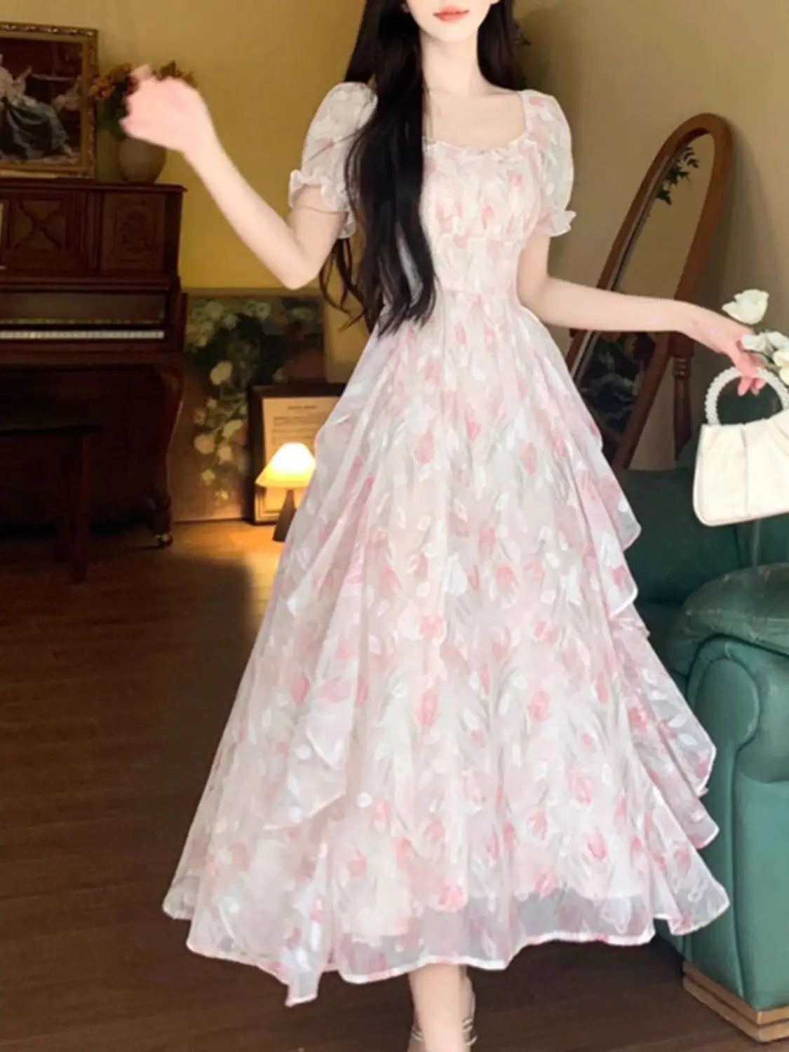 Hnewly  Summer French Style Floral Printed Dress Slim Casual Long Chiffon Dress Short Sleeve Women Vacation Fairy Dress