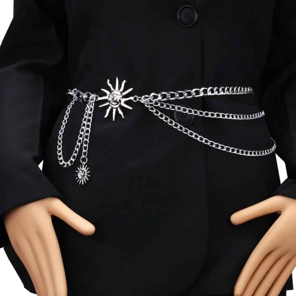 Hnewly  Ladies Vintage Punk Waist Chain Gold Silver Hip Hop Sun Moon Star Waistbands Metal Womans Chain Belt