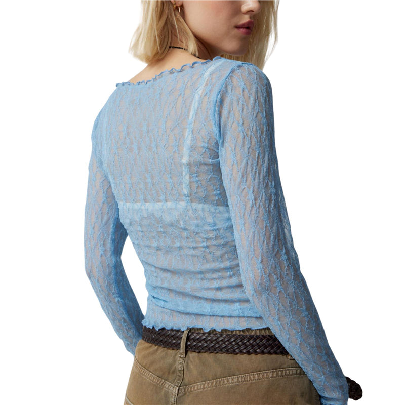 Hnewly Lace Tops for Women y2k Clothes Sheer See Through Round Neck Long Sleeve Ruched T Shirt 2000s Clothing Party Clubwear