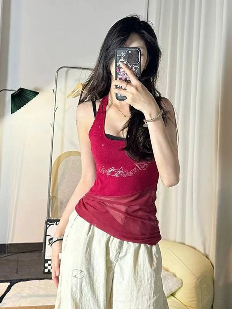 Hnewly Retro Halter Neck Camis for Women Summer Sexy U Neck Streetwear Sleeveless Crop Tops Y2K Aesthetic Mesh Patchwork Hot Girls Tank