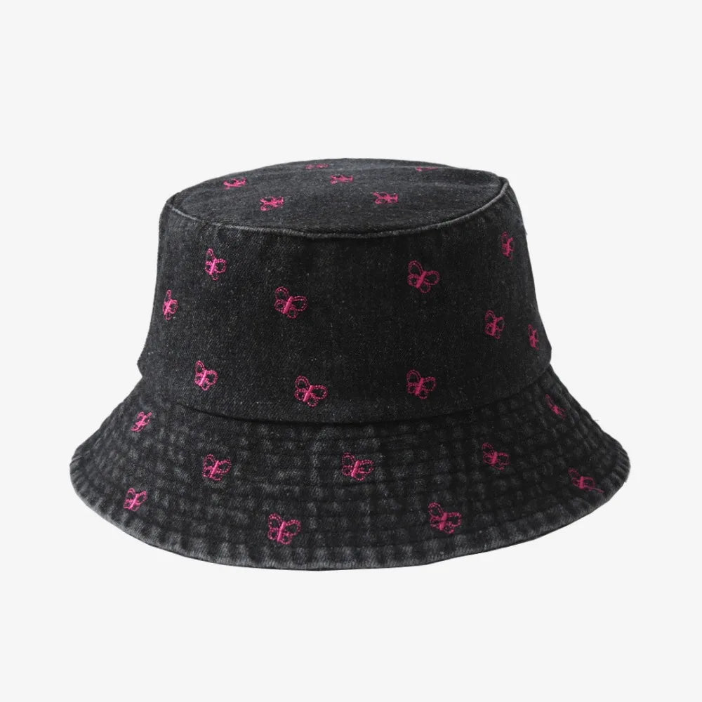 Hnewly  Watermelon Strawberry Embroidered Denim Bucket Hat Butterfly Pattern Wide Brim Denim Fisherman Hat Sun Hat Spring and Summer