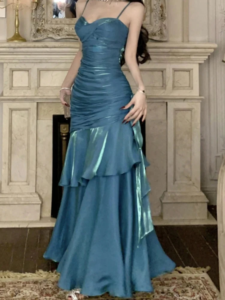 Hnewly Women Elegant Spaghetti Straps Ruffles Graduation Party Dress Slim Waist Wedding Bridesmaid Dresses Festival Formal Clothes New