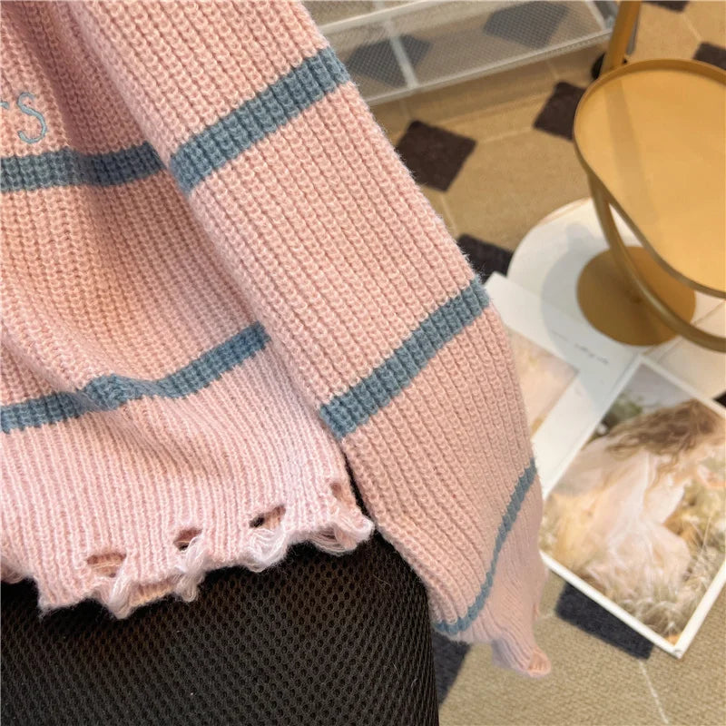 Hnewly  Short Sweater Women's Autumn Winter 2025 New Stripe Hollow Out Fashion Star Letter Knitwear Long Sleeve Top Thicked Pullover
