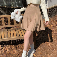Hnewly  Autumn Winter Knitted A Line Skirts Women Korean Elastic High Waist Pleated Short Skirt Woman All Match Solid Color Mini Skirts