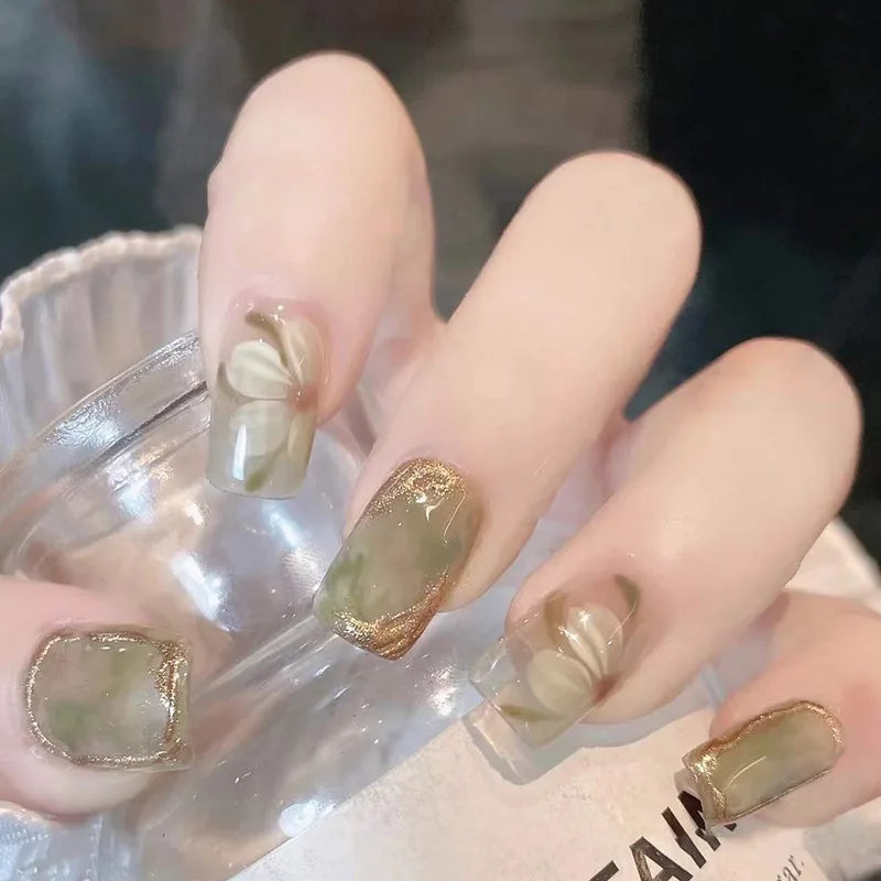 Hnewly 24Pcs/Box Gradient Color Artifical Press On Nails With Glue Long Coffin Fake Nails Lovely Girls Nail Art Ballerina False Nails