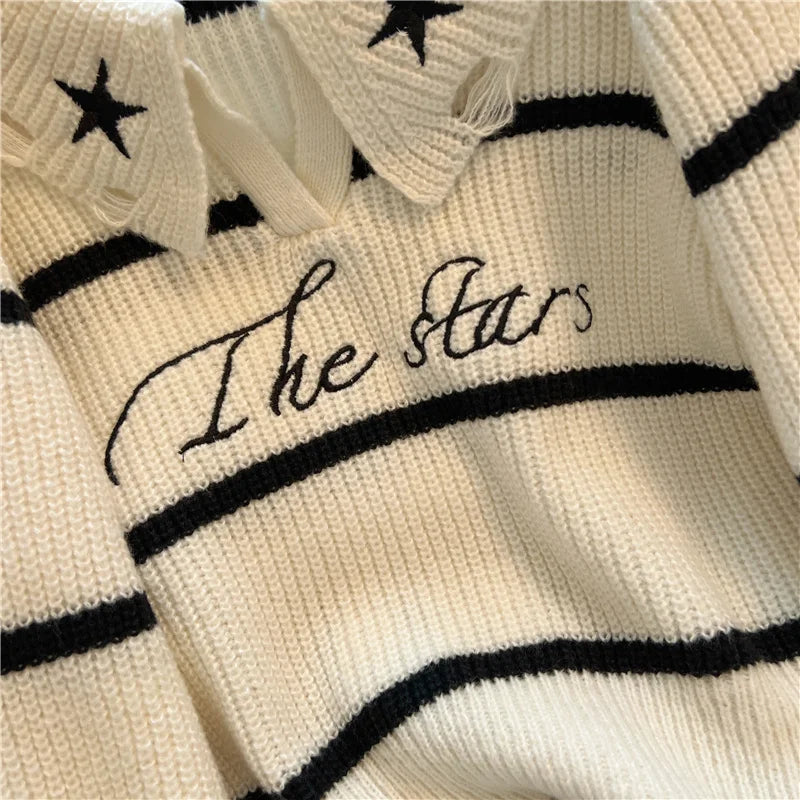 Hnewly  Short Sweater Women's Autumn Winter 2025 New Stripe Hollow Out Fashion Star Letter Knitwear Long Sleeve Top Thicked Pullover