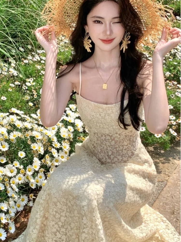 Hnewly Women's Sexy Hollow Lace Dresses 2025 Summer Elegant French Sling Floral A-Line Full Skirt Long Dress Fashion Holiday Vacation