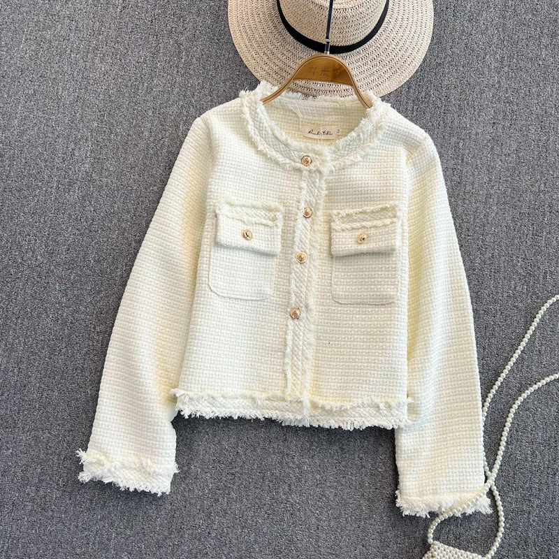Hnewly  Woven Tweed Jacket Women Autumn Winter New Slim O-neck Single Breasted Coat Elegant Raw Edge Tassel Long Sleeve Blazer