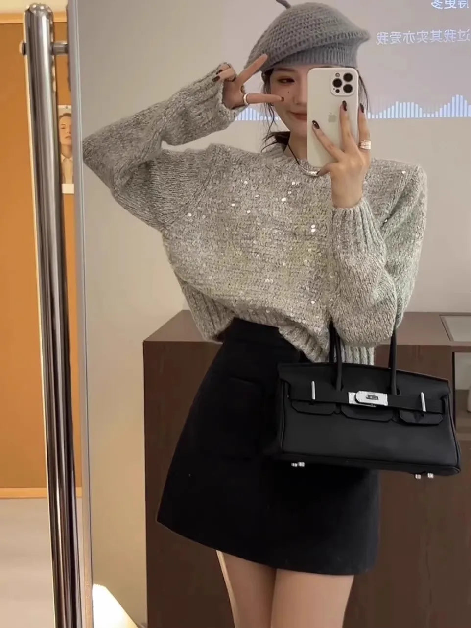 Hnewly  Fashion Sequin Short Sweater for Women's Spring Autumn New Soft Knitted Top Pullover Casual Round Neck Loose All-matched Top