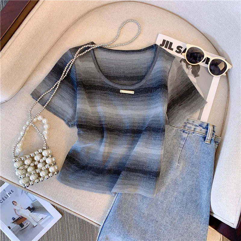 Hnewly  Contrast Striped T-shirt For Women's Summer Knitted Short Sleeved Tee  Cool Girls Fashion High Street Square Collar Short Top