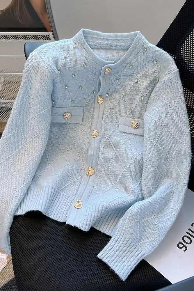 Hnewly  French Knitted Cardigan Sweater Luxury Diamond O-Neck Long Sleeve Top Women's Autumn Winter Korean Soft Comfort Coat