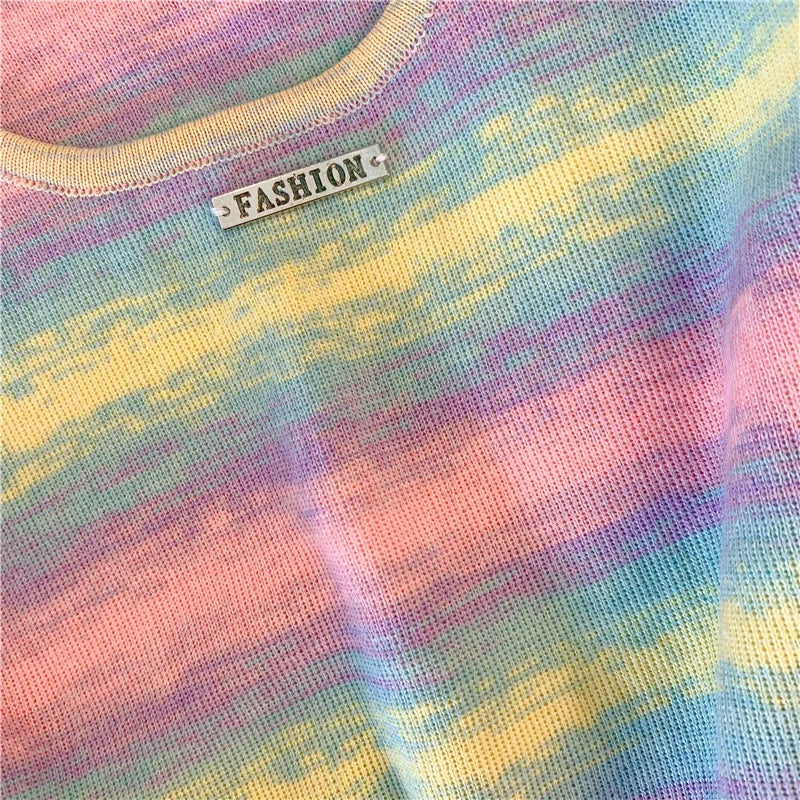 Hnewly  Contrast Striped T-shirt For Women's Summer Knitted Short Sleeved Tee  Cool Girls Fashion High Street Square Collar Short Top