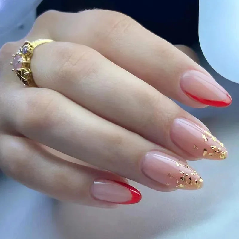 Hnewly 24Pcs French Gold Edge Wearable Almond Press on Fake Nails Simple Pearl Decoration False Nails with Glue Full Over Manicure Tips