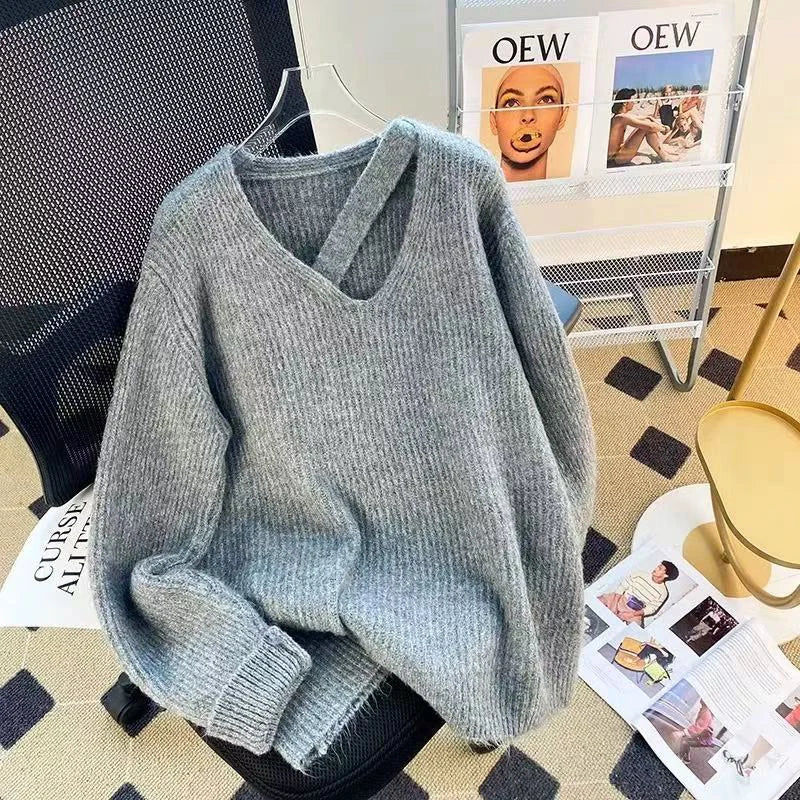 Hnewly Autumn V Neck Hollow Out Knit Sweater Women Winter Warm Casual Solid Jumpers Korean Loose Simple Female Pullovers Sweater New