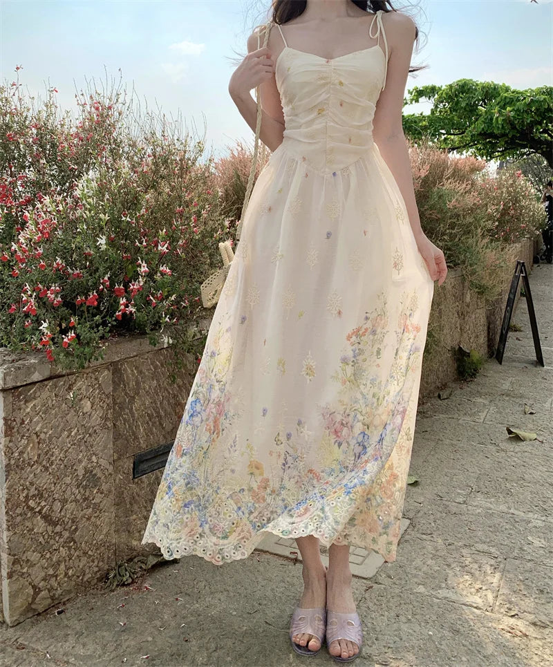 Hnewly Summer French Print Embroidery Women's Dresses 2025 Prairie Chic Elegant V-Neck Pleated Lace-up Long Dress New Fashion Casual