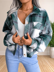 Hnewly  Womens Fashion Crop Button Down Flannel Plaid Shirt Shacket Jacket Top Coat