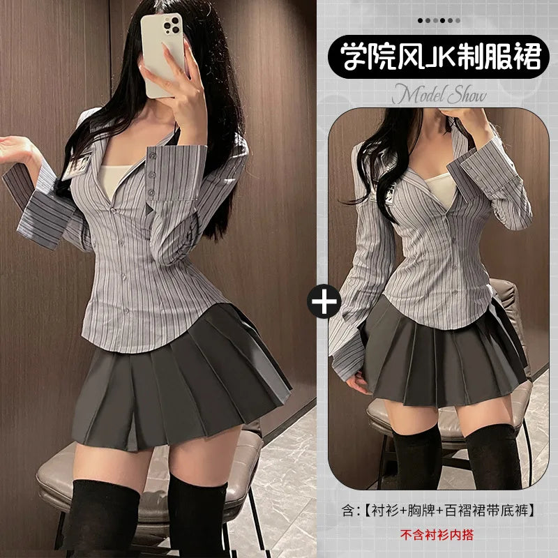 Hnewly Women Wear New Skirt Set Summer Academy Style JK Popular Design Sense Waistband Long Sleeved Shirt Romantic Elegant Mature 3JZ0