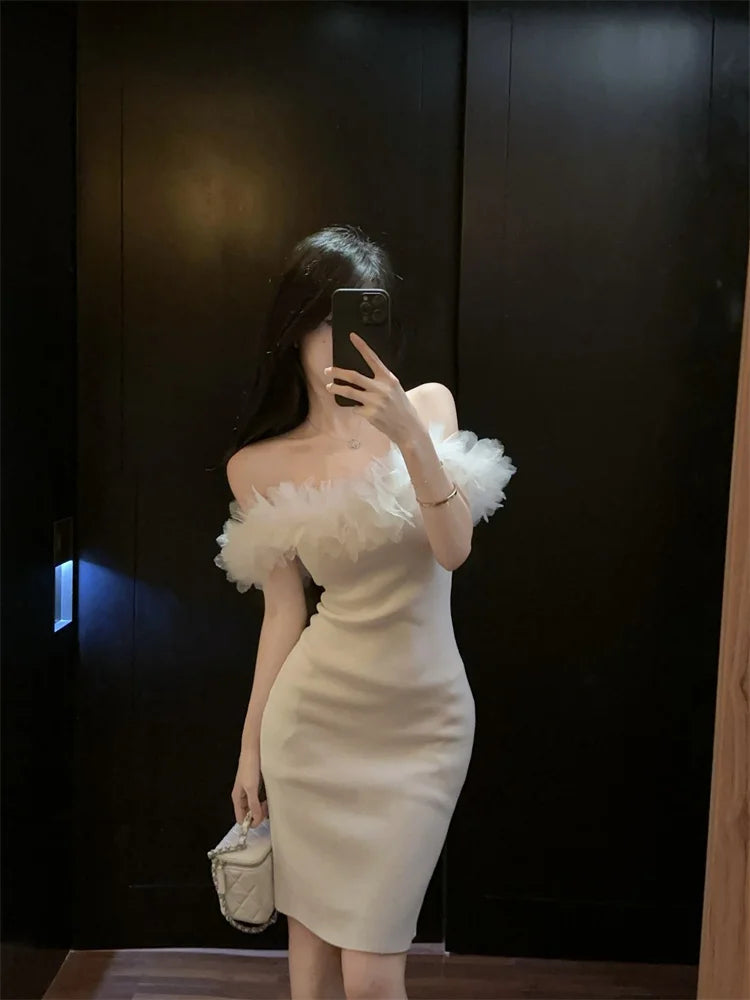 Hnewly  Woman Dress Petal Patchwork Off Shoulder Slim Stretch Backless Sweet Sexy Elegant Knitted Dresses Female Fashion Party