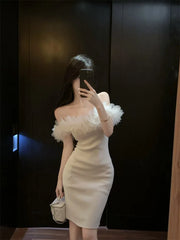 Hnewly  Woman Dress Petal Patchwork Off Shoulder Slim Stretch Backless Sweet Sexy Elegant Knitted Dresses Female Fashion Party