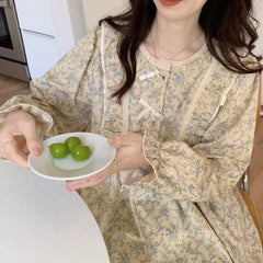 Hnewly Long Sleeve Nightgowns Women Floral Bow Temper Autumn Home Cozy Aesthetic O-neck Prairie Chic All-match Sleepwear Korean Style