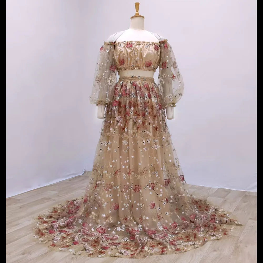 Hnewly  Lace Maternity Dress Off Shoulder Embroidered Yarn Floral Long Sleeves Two-piece Set Dress For Pregnant Women Baby Shower Dresse