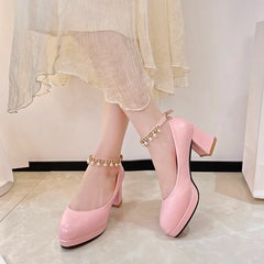 Hnewly  New Autumn Women Shoes Mary Jane Ladies High Heels PINK Wedding Shoes Thick Heel Pumps Lady Shoes Size 40 Round head sweet