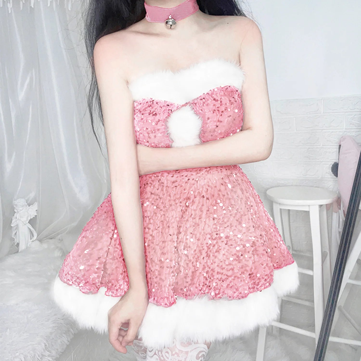 pink christmas dress adult Pink Santa Dress Sequined Fur Strapless Mini Dress with Hat