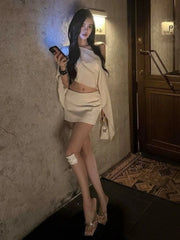 Hnewly  Y2k Aesthetic Two Piece Sets Autumn Sexy Skew Collar Cropped Pleated T-shirt + Grunge Zipper Mini Skirts Female Streetwear Suit