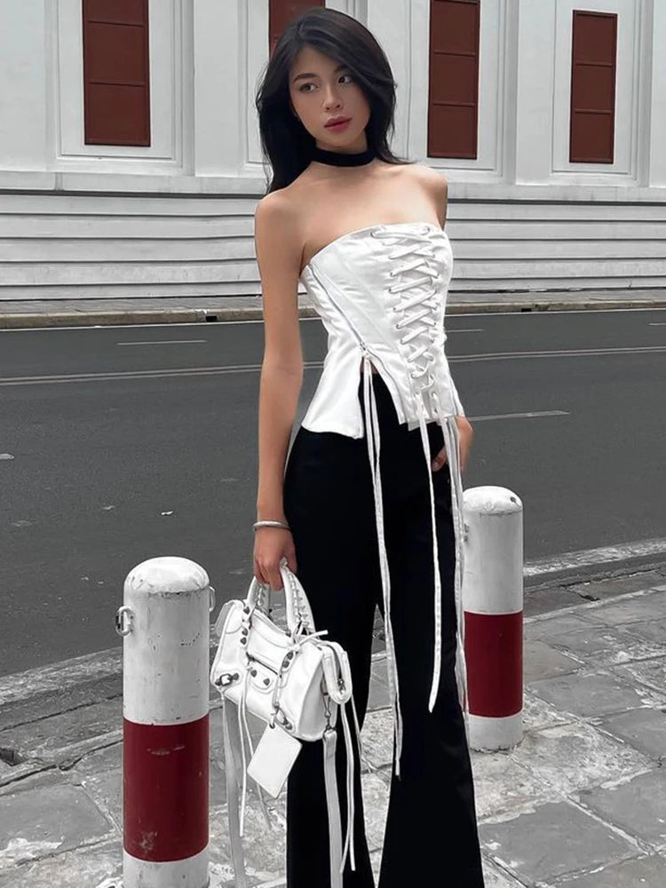 Hnewly Streetwear Lace -up Bandage Corset Bodycone Off Shoulder Chic Aesthetic Y2K Crop Top Women Korean Summer Bustiers Camis