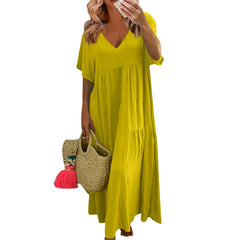 Hnewly  Summer Soft and Comfy Fashion V-neck Solid Color Large Size Loose Long Large Swing Short-sleeved Dress Basic Versatile Clothes