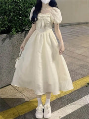 Hnewly  Summer Puff Sleeve Princess Dress Women French Style Bow Tie Midi Dress Slim A-line Girl Party Fairy Dress