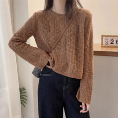 Hnewly  Cable Knit Crop Sweater for Women Long Sleeve Crew Neck Pullover Boxy-fit Plain Jumper Teen-girl Fall Winter Y2K Outfit