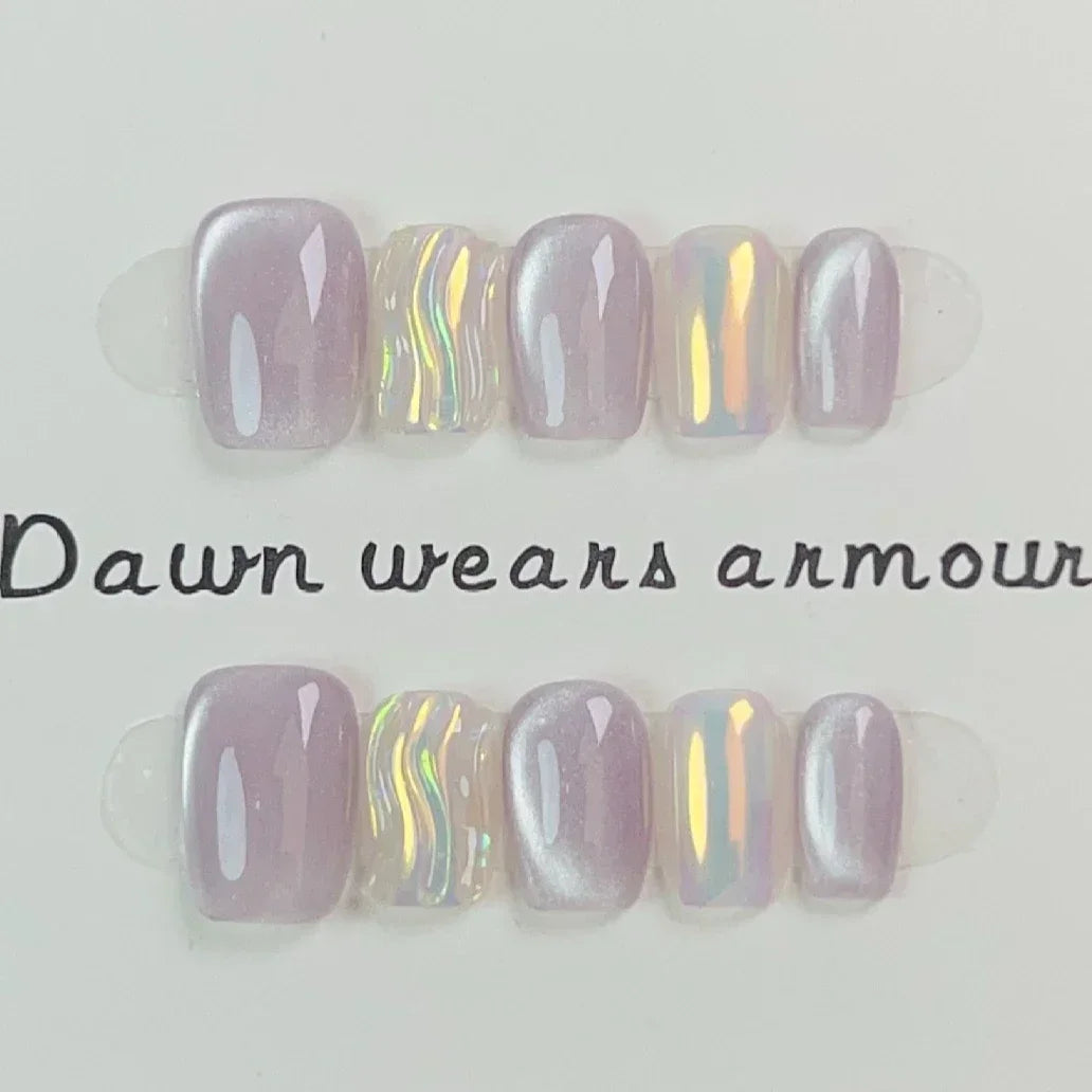 Hnewly 10Pcs Cat Eye Handmade Press On Nails with Gradient Design False Nails Full Cover French Ballerina Wearable Artificial Nail Tips