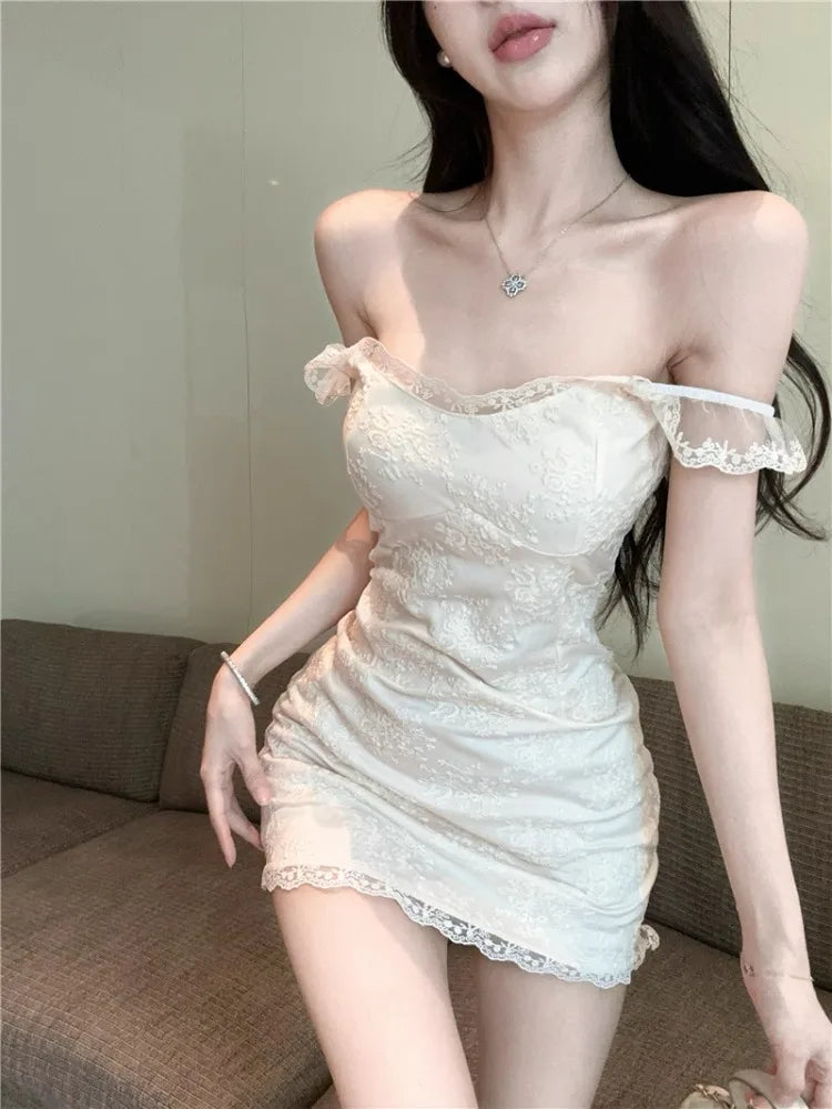Hnewly  Women Dress Sleeveless Lace Patchwork Slash Neck Slim Elegant French Style Chic Party Mini Dresses Female Fashion