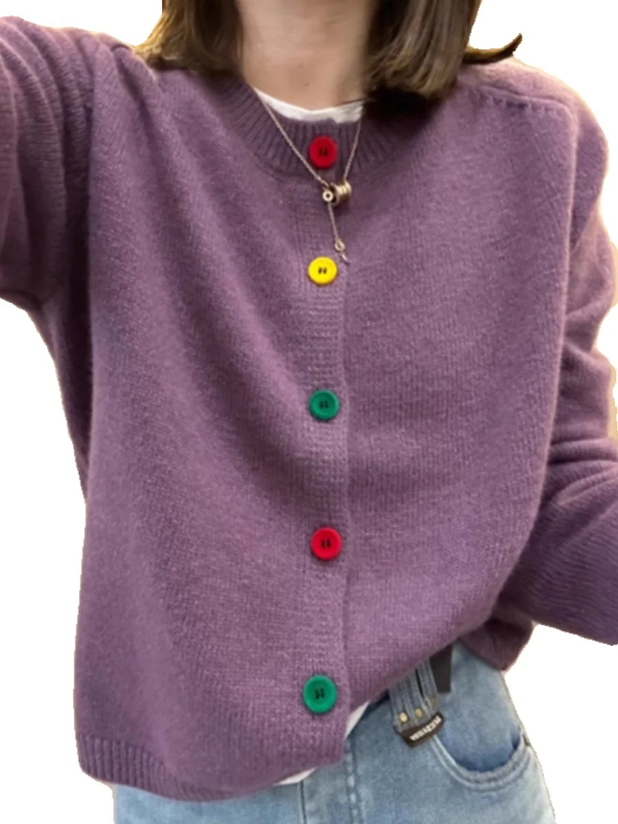 Hnewly  Rainbow Single Breasted Sweater O-neck Knitted Cardigan Korean Sweet Spring  Autumn New Lazy Style Long Sleeve Pink coat