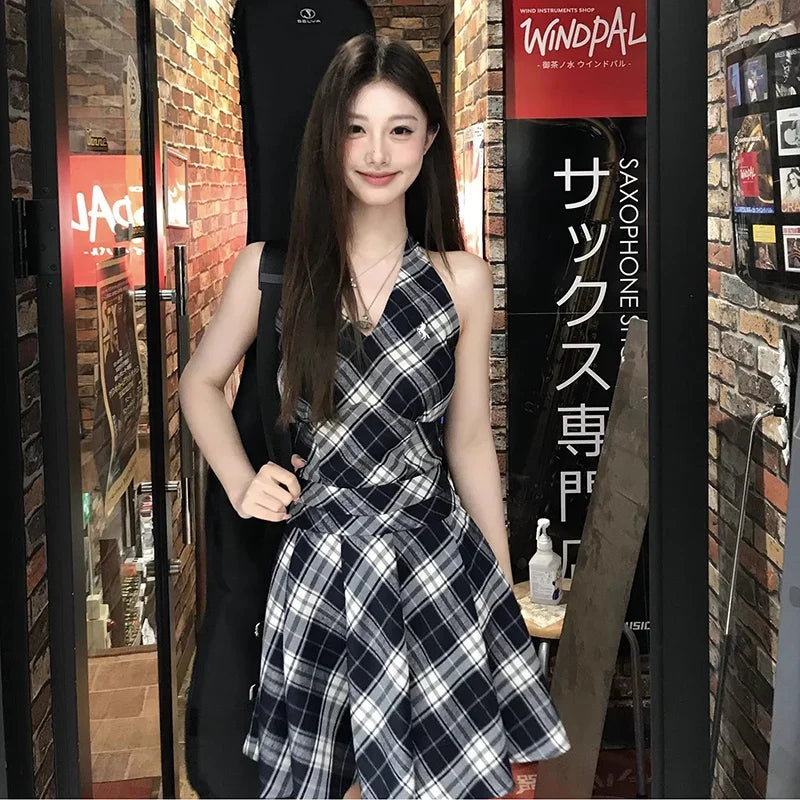Hnewly V-neck Plaid Mini Dress Women Vintage Streetwear Summer A-line Pleated Vestidos New Design Flattering Waist Harajuku Fashion