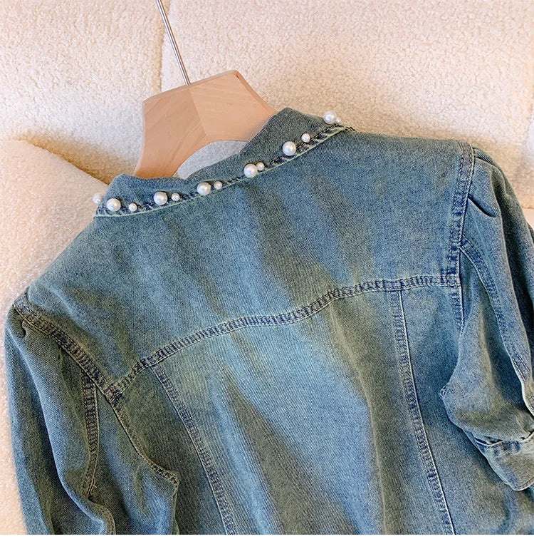 Hnewly  Sweet Nail Bead Short Sleeved Denim Jacket Women Summer Thin Style 2025 New Casual Single Breasted Shirt  Turndown Collar Top