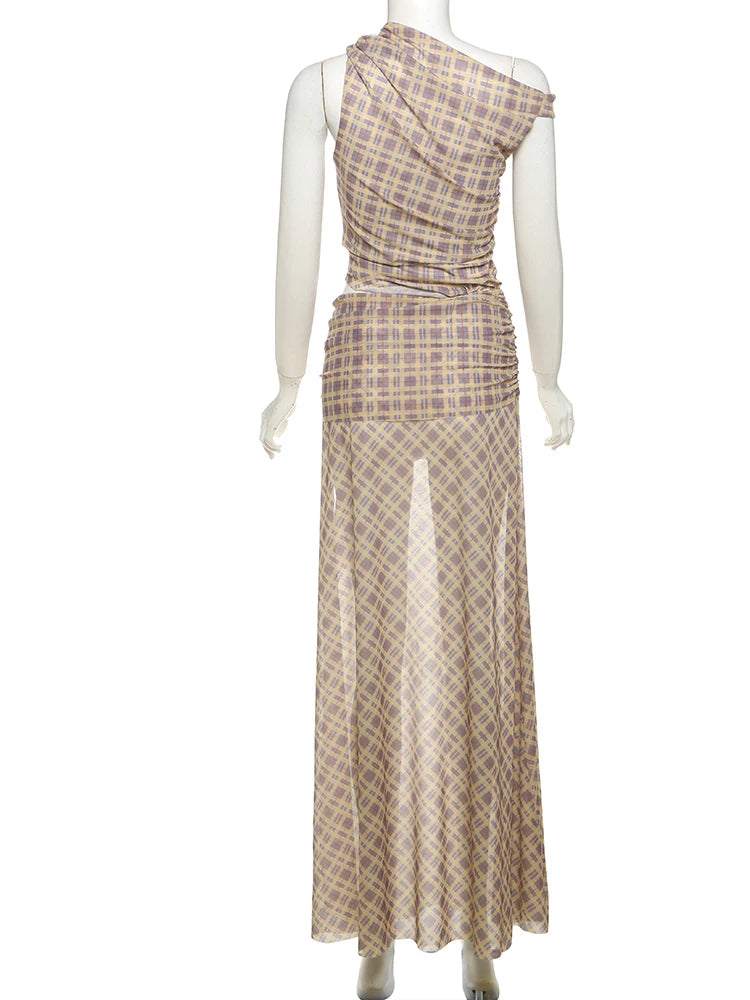 Hnewly Split Summer Dress Women See Through Y2K Plaid Print Inclined Shoulde Waistless Split Irregular Ruched Maxi Bodycon