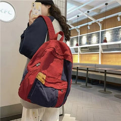 Hnewly  Vintage Red School Bag Women Casual Patchwork Backpack Large Capacity High-school Students Book Bags Girls Travel Backpacks