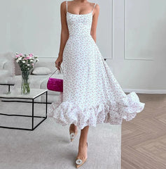 Hnewly  Mid Length Skirt Women's Summer Vacation Beach Strap Low Neckline Sleeveless Waist Cinching Printed Large Swing Skirt