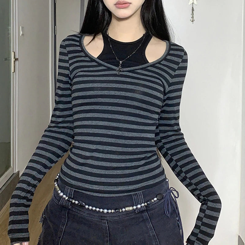 Hnewly y2k Gothic Tops Women Grunge Clothes Casual Striped Patchwork Round Neck Long Sleeve T Shirts 2000s Clothing Streetwear