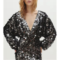 Hnewly  Sequin Mini Dresses for Women Spring Autumn Sexy Deep-v Long Sleeve High Sleeve Hotgirl Birthday Party Dress