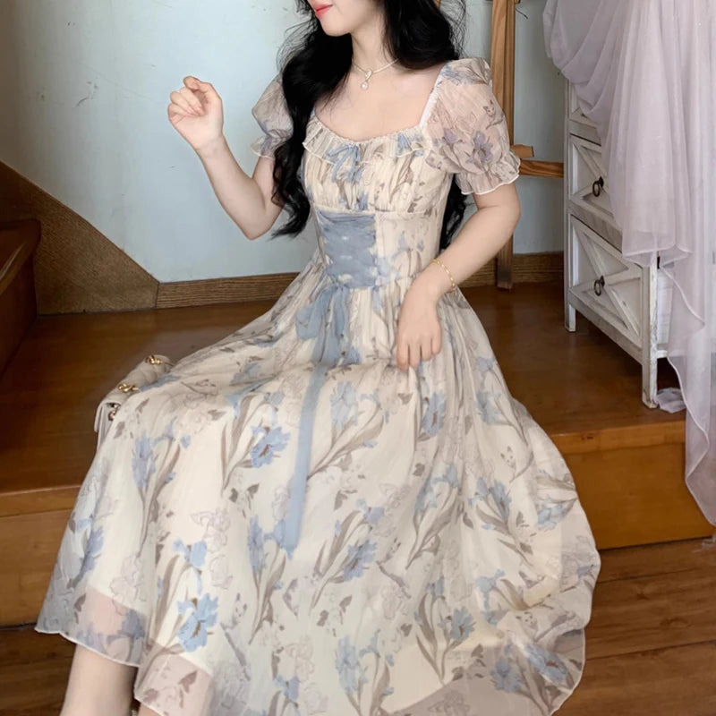 Hnewly  Women Ruffles Casual Korean Fairy Dress Female Summer Lace-up Vacation Party Dress Elegant Vintage Floral Midi Dress