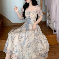 Hnewly  Women Ruffles Casual Korean Fairy Dress Female Summer Lace-up Vacation Party Dress Elegant Vintage Floral Midi Dress