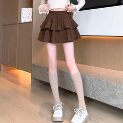 Hnewly  Y2K Corduroy Women Mini Skirts Korean Sweet Kawaii High Waist Female A Line Skirts New Patchwork Folds Ruffles Women Ball Gown