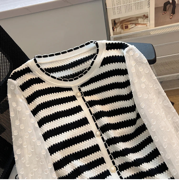 Hnewly  Striped knitted Sweater For Women's Spring Autumn French Elegant Round Neck Long Sleeved Patchwork Chiffon Loose All-Matched Top