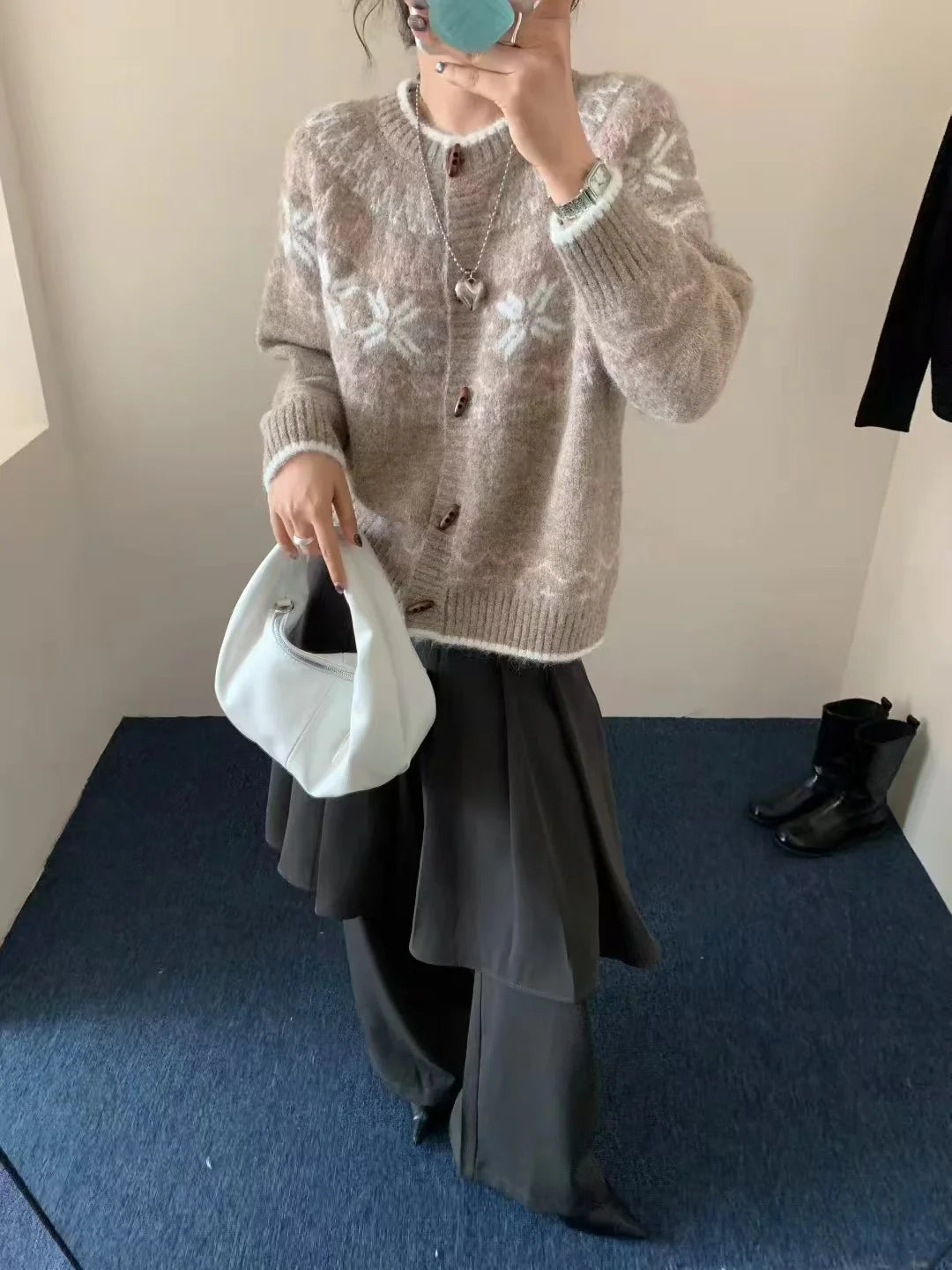 Hnewly  Soft Knit Button Up Cardigan Women Fair Isle Sweater Jacket Ladies Teen-Girl Fall Winter Christmas Knitwear Casual Chic Outfit