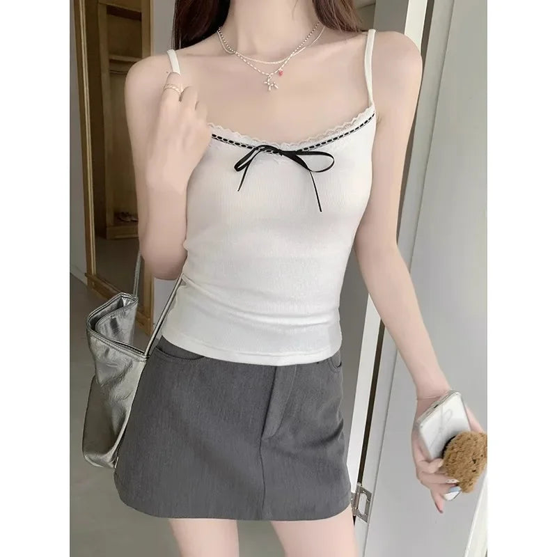 Hnewly Solid Color Gentle Sleeveless Top Short Lace Tank Tops For Women