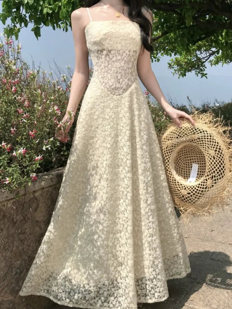 Hnewly Women's Sexy Hollow Lace Dresses 2025 Summer Elegant French Sling Floral A-Line Full Skirt Long Dress Fashion Holiday Vacation