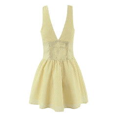 Lunivop  Sweet Yellow Polka Dot Print Spliced White Lace V collar Tank Dress Women Open Buttons Low Waist A-line Sleeveless Vestidos Robe